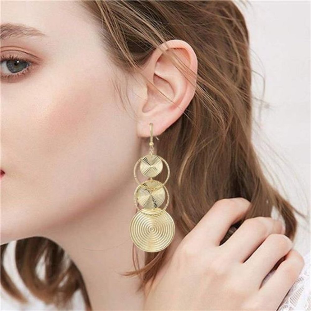 Gold Plated Circle Cut Out Drop Dangle‎ Earrings Statement Chandelier Earrings